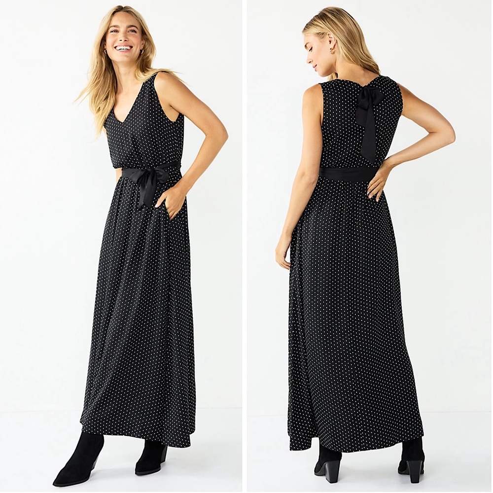 Draper James Polka Dot Tie Waist Maxi Dress Black White Bow Tie Sleeveless
